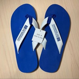 NWT "The End Depends Upon the Beginning" Flip Flops, Blue, Size M (10 inch)
